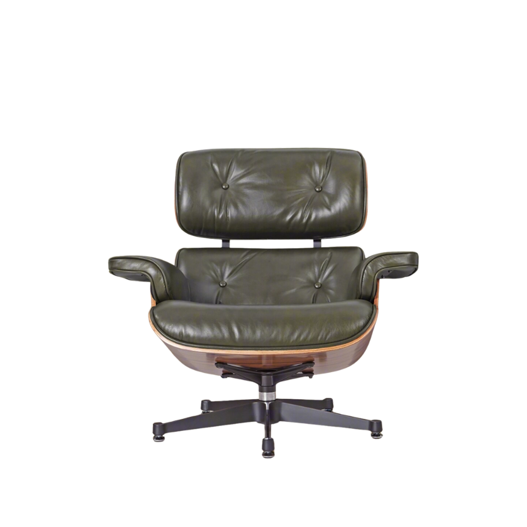 Deluxe Lounge Chair & Ottoman in Olive Green Waxed Leather and Rosewood Frame - Interior Furnishes