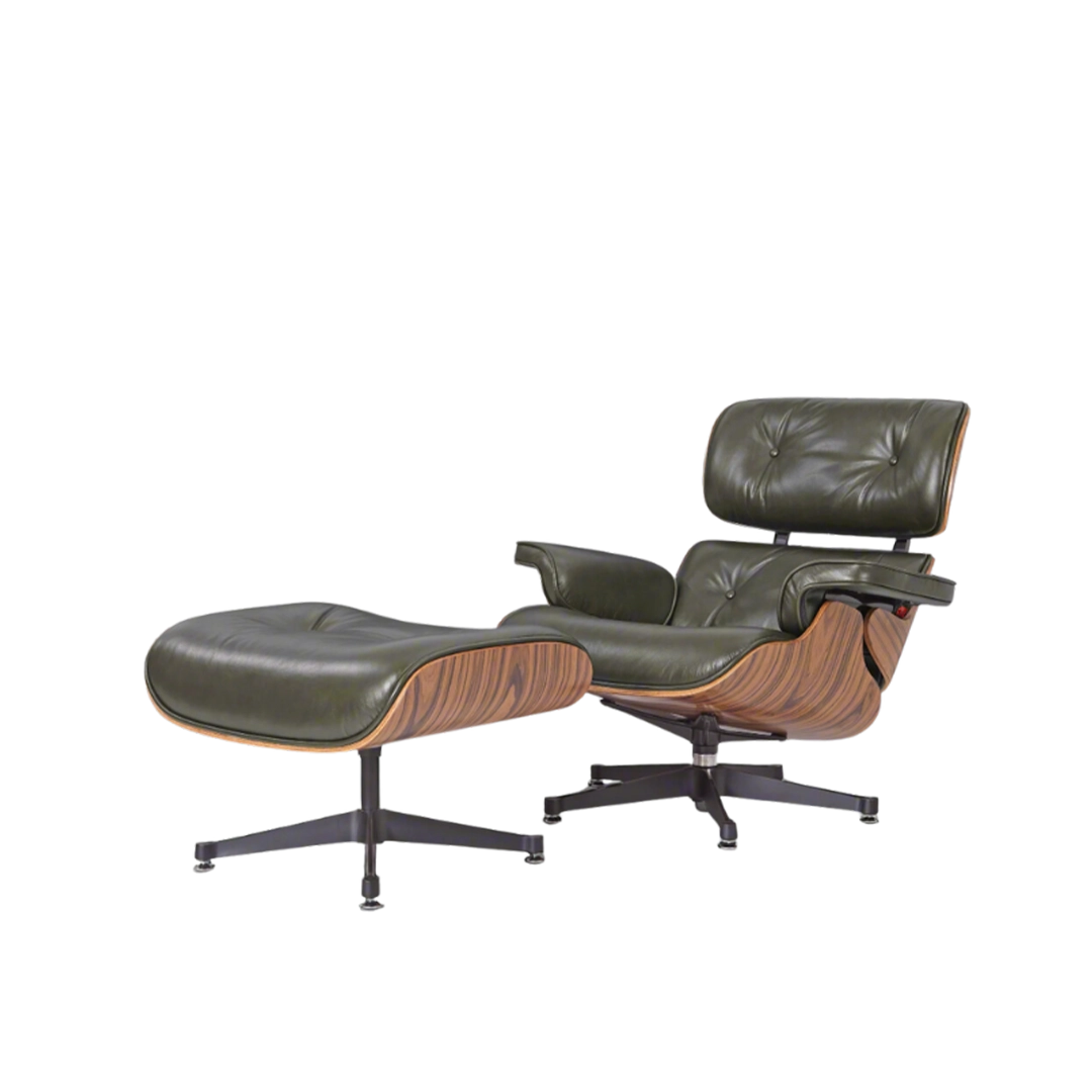 Deluxe Lounge Chair & Ottoman in Olive Green Waxed Leather and Rosewood Frame - Interior Furnishes