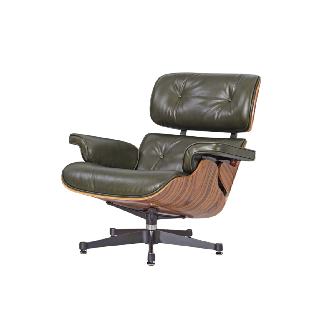 Deluxe Lounge Chair & Ottoman in Olive Green Waxed Leather and Rosewood Frame - Interior Furnishes