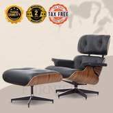 Designer Lounge Chair & Ottoman - Rosewood Veneer & Black Leather