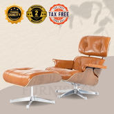 Brown leather lounge chair with ottoman on a beige background, featuring quality, warranty, and tax-free icons.