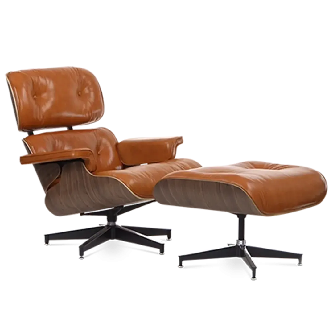 Iconic Design Charles Eames Lounge Chair Ottoman Walnut Wood Tan Brown Interior Furnishes