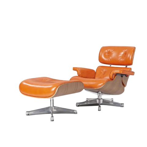 Luxurious Lounge Chair and Ottoman in Camel Brown Waxed Leather with Walnut Wood Frame Luxurious Lounge Chair and Ottoman in Camel Brown Waxed Leather with Walnut Wood Frame