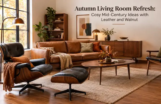 Autumn living room with replica leather lounge chair, walnut furniture, warm tones, and cosy mid-century decor.