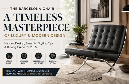 Elegant black leather Barcelona Chair with polished stainless steel frame in a modern luxury living room, showcasing timeless mid-century design and premium craftsmanship.