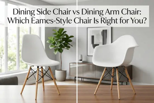 Eames-style replica dining side chair and dining arm chair compared in a modern dining room.