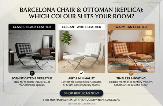 Replica Barcelona chair with ottoman in a modern living room, showcasing leather color options to suit different interior styles.