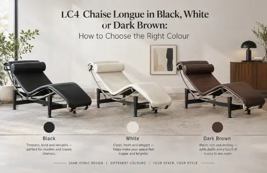 LC4 chaise lounge replica in black, white and dark brown, showcasing modern furniture color options for contemporary living rooms.