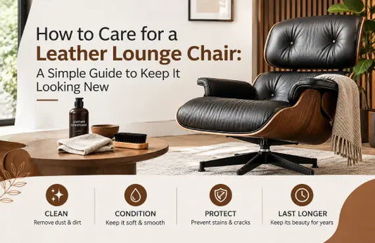 A black leather lounge chair with a wooden frame in a modern living room, featuring leather care essentials and a guide to cleaning, conditioning, and protecting leather furniture to keep it looking new.