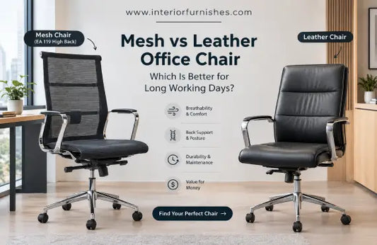 EA 119 high-back mesh office chair vs black leather office chair, comparing comfort, breathability, back support, and durability for long working days.