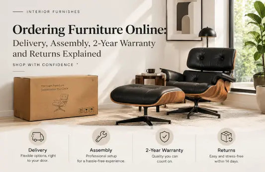 Ordering furniture online guide featuring a leather lounge chair, delivery, assembly, 2-year warranty, and returns information.