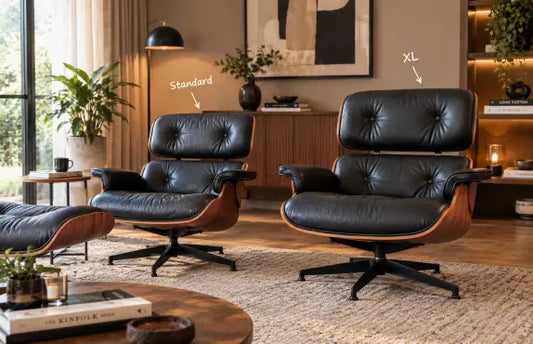 Eames lounge chair standard vs XL replica chairs in a stylish modern living room with walnut wood and black leather.