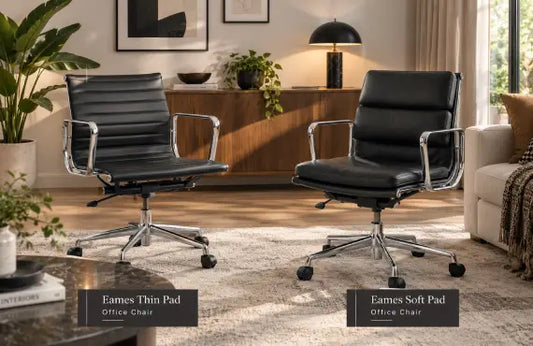 Eames-style replica Thin Pad and Soft Pad office chairs displayed in a stylish modern living room with warm walnut furniture and elegant decor.