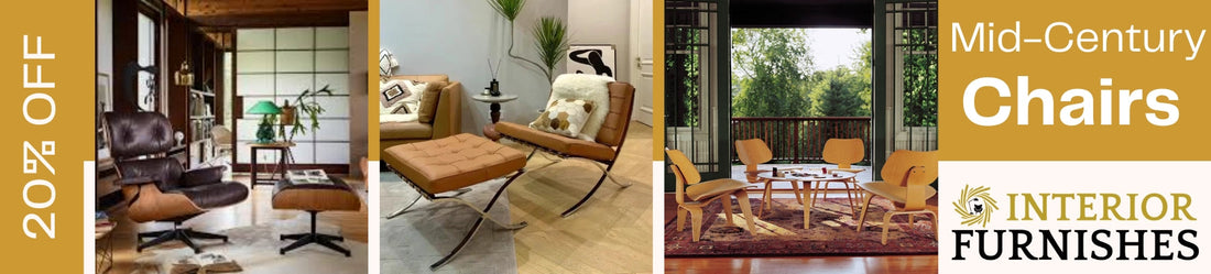 Mid-Century Collection: Eames Lounge, Barcelona Chair, Rocking Chair, and Dining Chair.