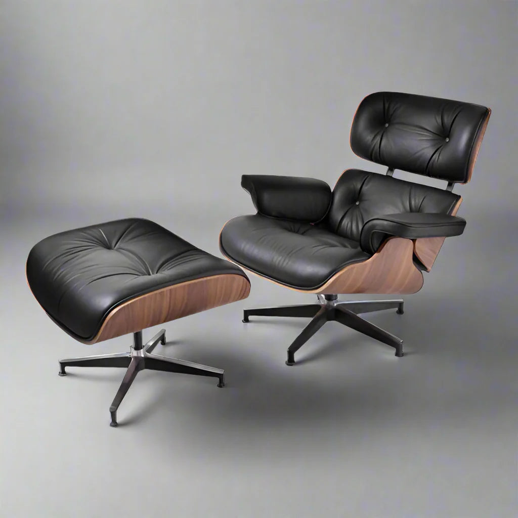 Eames Style XL Version Lounge Chair and Ottoman - Walnut wood Black and White leather