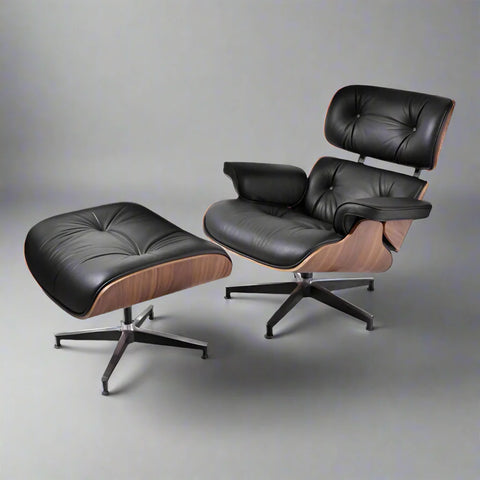 Eames Style XL Version Lounge Chair and Ottoman - Walnut wood Black and White leather