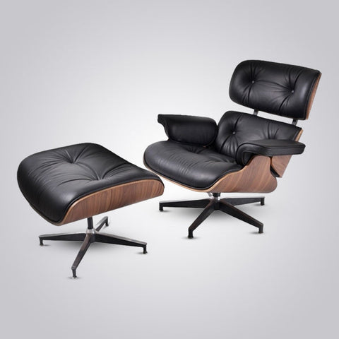 Mid-Century Modern Eames Lounge Chair & Ottoman Walnut Wood - White