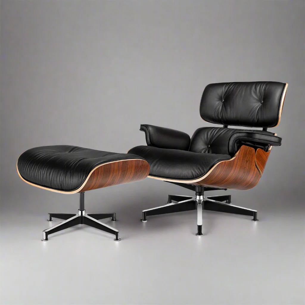 Eames Style XL Version Lounge Chair and Ottoman - Rosewood Black and White leather