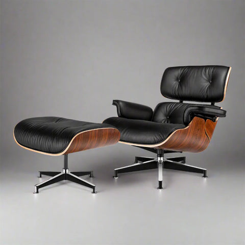 Eames Style XL Version Lounge Chair and Ottoman - Rosewood Black and White leather