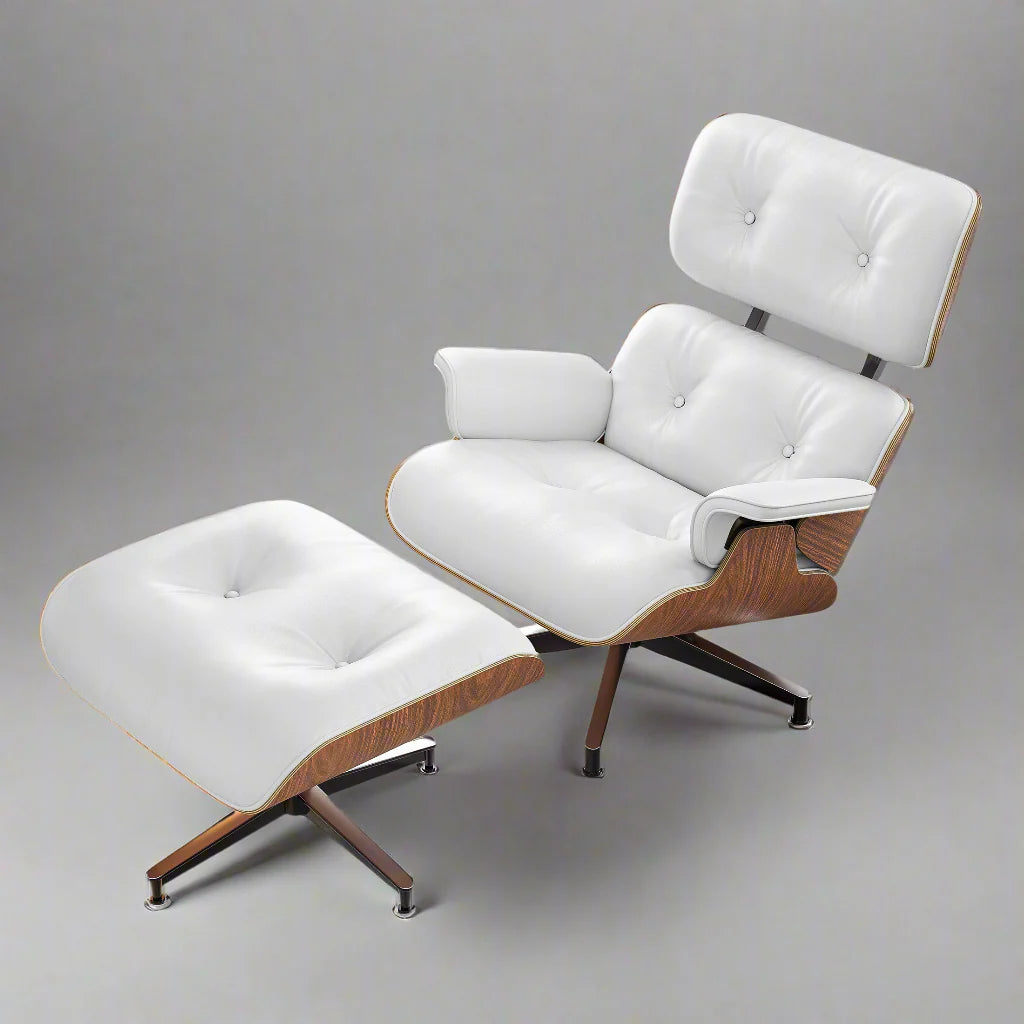 Eames Style XL Version Lounge Chair and Ottoman - Walnut wood Black and White leather