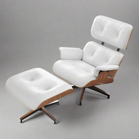 Eames Style XL Version Lounge Chair and Ottoman - Walnut wood Black and White leather
