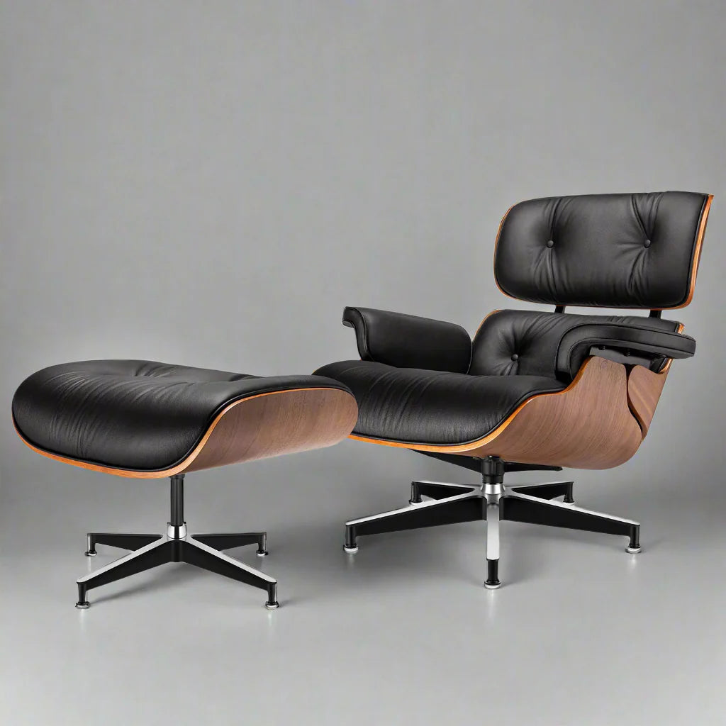 Eames Style XL Version Lounge Chair and Ottoman - Walnut wood Black and White leather