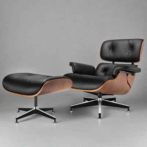 Eames Style XL Version Lounge Chair and Ottoman - Walnut wood Black and White leather