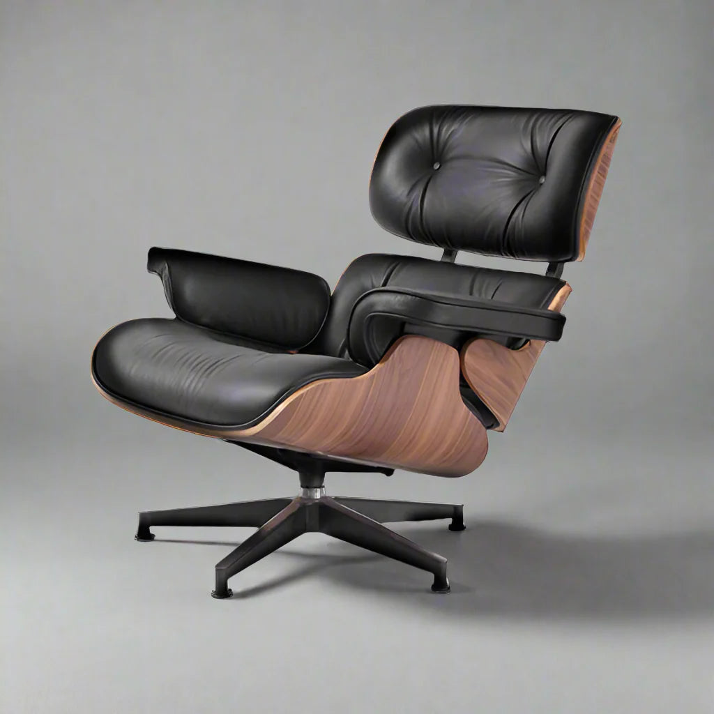 Eames Style XL Version Lounge Chair and Ottoman - Walnut wood Black and White leather