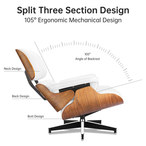 Eames Style XL Version Lounge Chair and Ottoman - Walnut wood Black and White leather