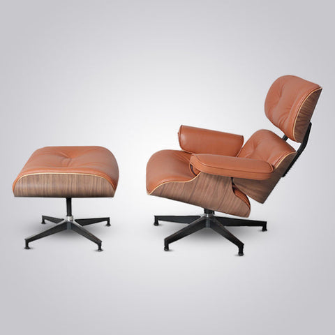 Mid-Century Modern Eames Lounge Chair & Ottoman Walnut Wood - Tan Brown