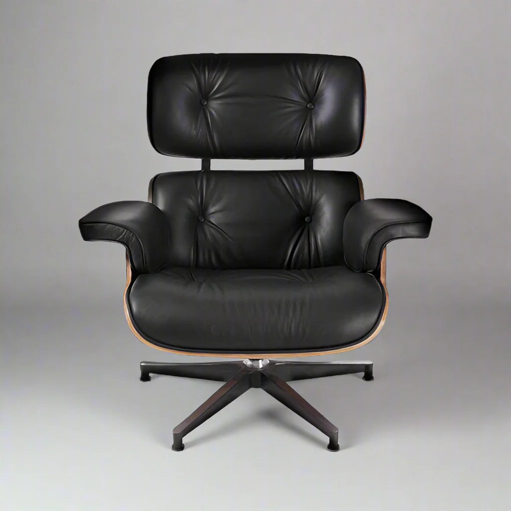Eames Style XL Version Lounge Chair and Ottoman - Walnut wood Black and White leather