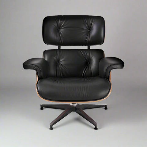 Eames Style XL Version Lounge Chair and Ottoman - Walnut wood Black and White leather