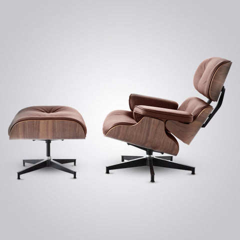 Mid-Century Modern Eames Lounge Chair & Ottoman Walnut Wood - Tan Brown