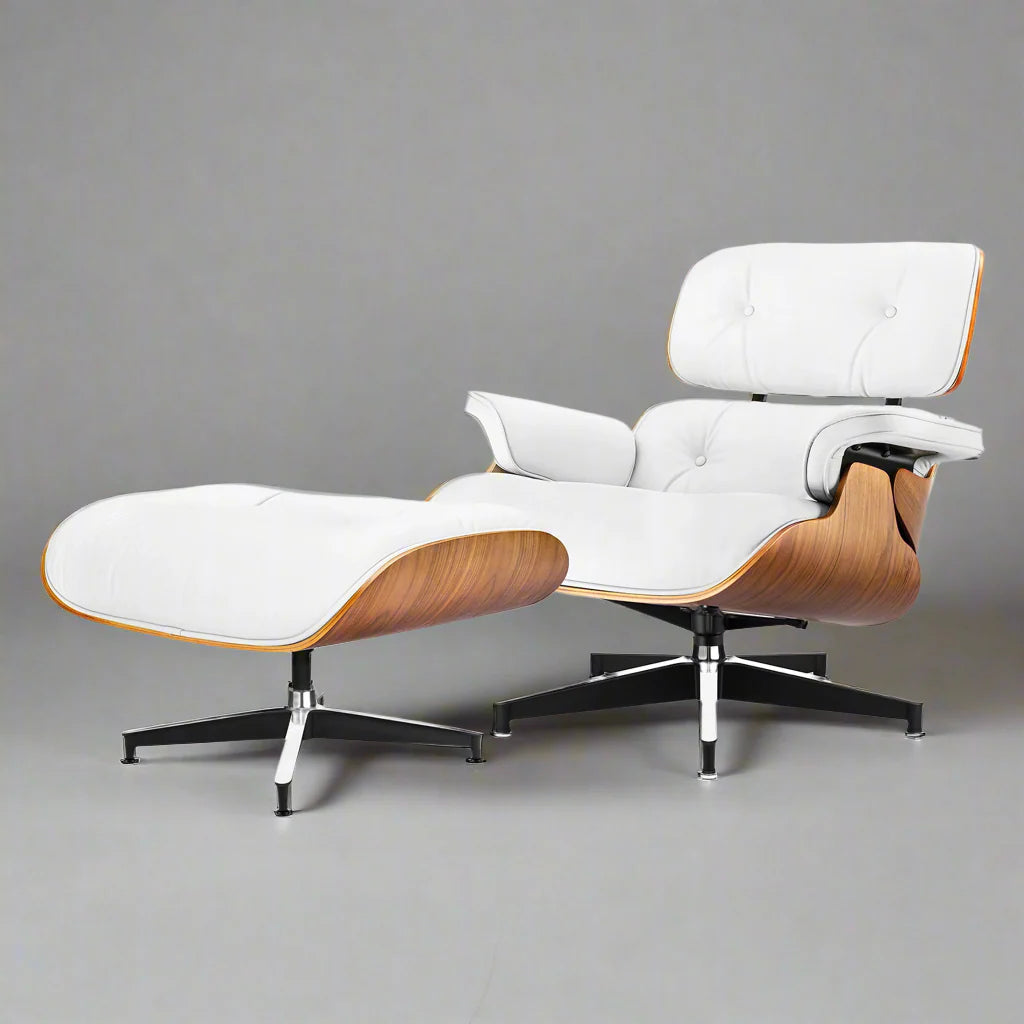 Eames Style XL Version Lounge Chair and Ottoman - Walnut wood Black and White leather