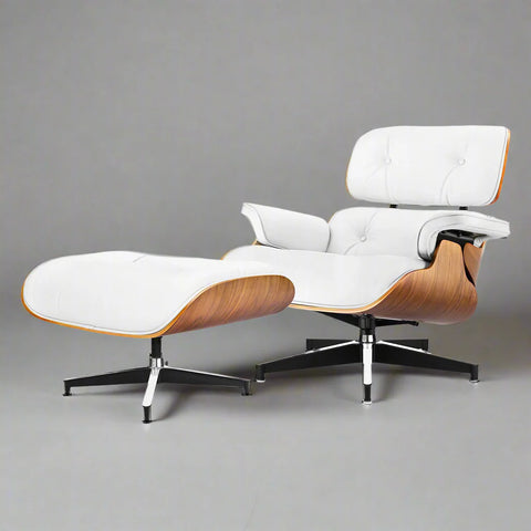 Eames Style XL Version Lounge Chair and Ottoman - Walnut wood Black and White leather