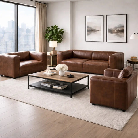 Brown Leather Sofa – Modern Minimalist 2 Seater Leather Couch for Living Room