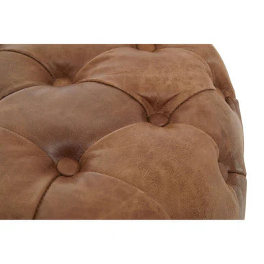 Brown Tufted Leather Ottoman Footstool – Round Chesterfield Style Pouffe for Living Room