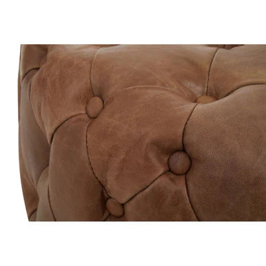 Brown Tufted Leather Ottoman Footstool – Round Chesterfield Style Pouffe for Living Room