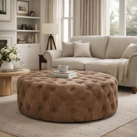 Brown Tufted Leather Ottoman Footstool – Round Chesterfield Style Pouffe for Living Room