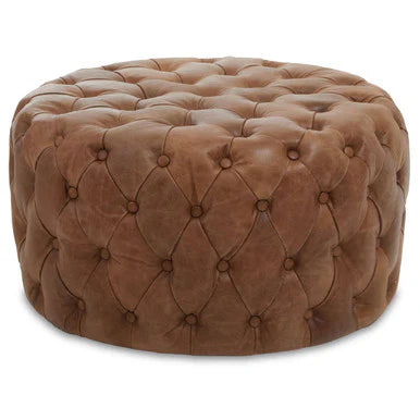 Brown Tufted Leather Ottoman Footstool – Round Chesterfield Style Pouffe for Living Room