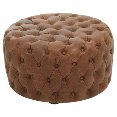 Brown Tufted Leather Ottoman Footstool – Round Chesterfield Style Pouffe for Living Room