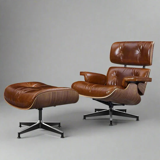 Iconic Eames Style Premium XL Lounge Chair and Ottoman - Walnut Wood | Waxed Vintage Tan