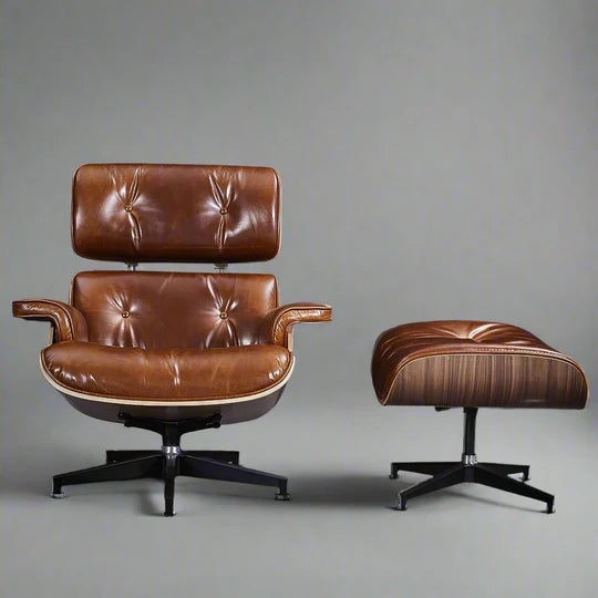 Iconic Eames Style Premium XL Lounge Chair and Ottoman - Walnut Wood | Waxed Vintage Tan