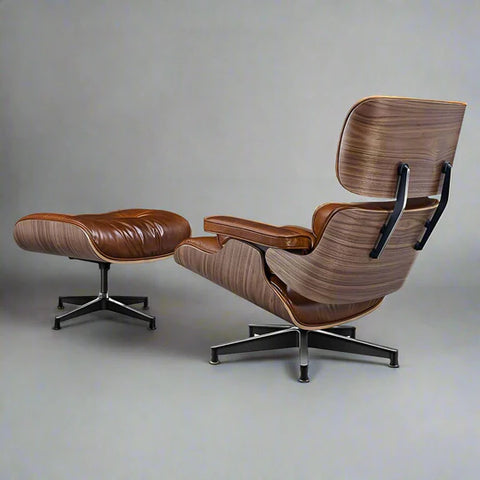 Iconic Eames Style Premium XL Lounge Chair and Ottoman - Walnut Wood | Waxed Vintage Tan