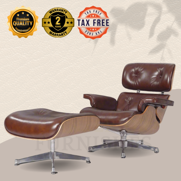 Classic Lounge Chair & Ottoman in Vintage Tan Waxed Leather and Walnut Finish