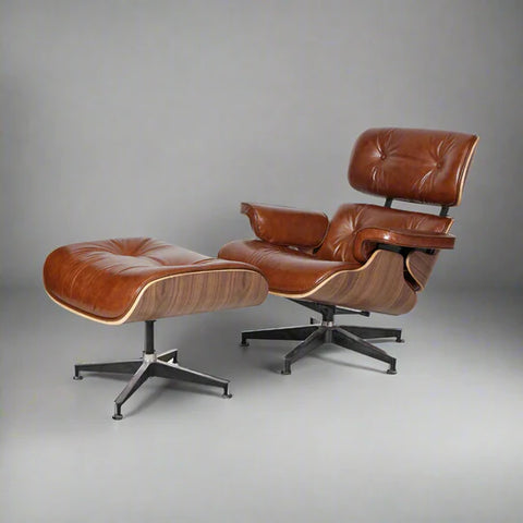 Iconic Eames Style Premium XL Lounge Chair and Ottoman - Walnut Wood | Waxed Vintage Tan