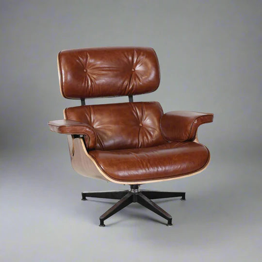 Iconic Eames Style Premium XL Lounge Chair and Ottoman - Walnut Wood | Waxed Vintage Tan