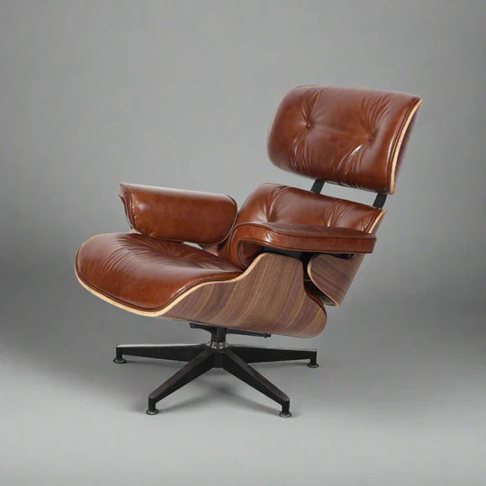 Iconic Eames Style Premium XL Lounge Chair and Ottoman - Walnut Wood | Waxed Vintage Tan