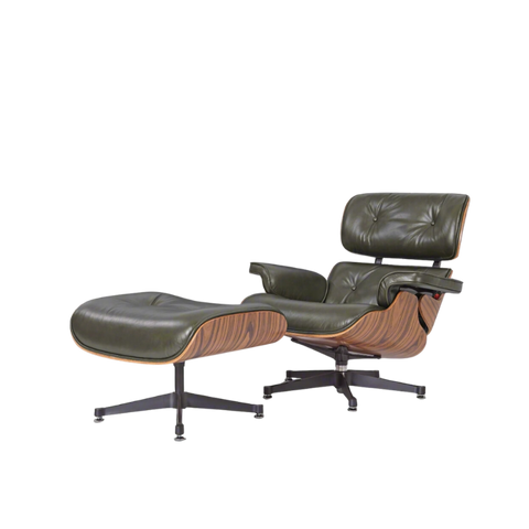 Deluxe Lounge Chair & Ottoman in Olive Green Waxed Leather and Rosewood Frame