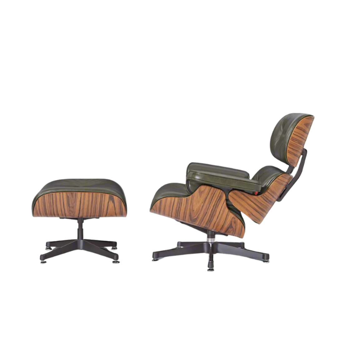 Deluxe Lounge Chair & Ottoman in Olive Green Waxed Leather and Rosewood Frame